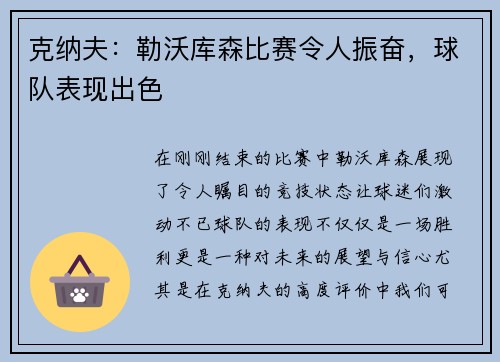 克纳夫：勒沃库森比赛令人振奋，球队表现出色