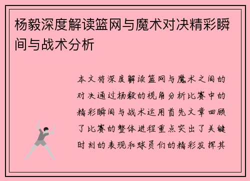 杨毅深度解读篮网与魔术对决精彩瞬间与战术分析