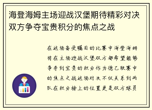 海登海姆主场迎战汉堡期待精彩对决双方争夺宝贵积分的焦点之战