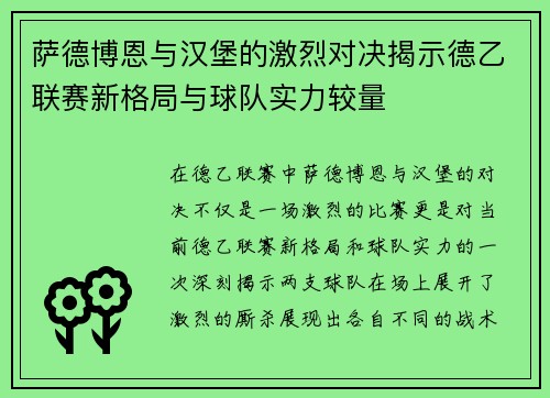 萨德博恩与汉堡的激烈对决揭示德乙联赛新格局与球队实力较量