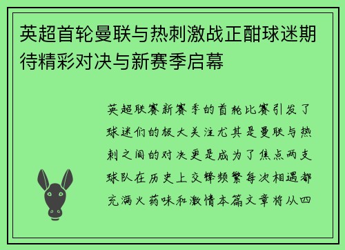 英超首轮曼联与热刺激战正酣球迷期待精彩对决与新赛季启幕