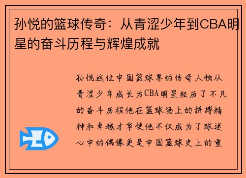 孙悦的篮球传奇：从青涩少年到CBA明星的奋斗历程与辉煌成就