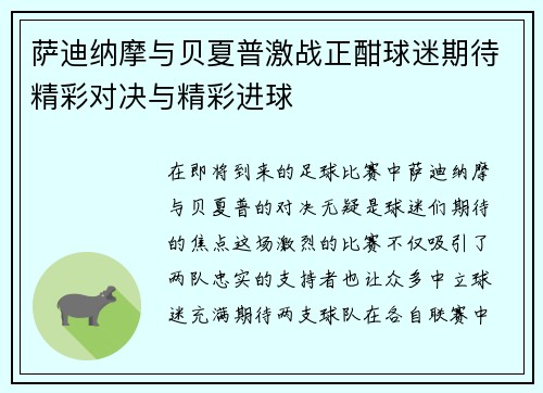 萨迪纳摩与贝夏普激战正酣球迷期待精彩对决与精彩进球