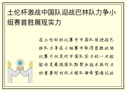 土伦杯激战中国队迎战巴林队力争小组赛首胜展现实力
