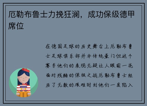 厄勒布鲁士力挽狂澜，成功保级德甲席位