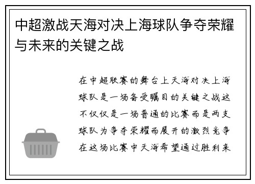 中超激战天海对决上海球队争夺荣耀与未来的关键之战