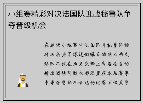 小组赛精彩对决法国队迎战秘鲁队争夺晋级机会