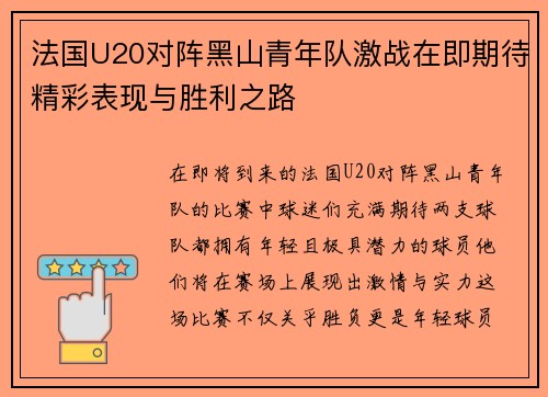 法国U20对阵黑山青年队激战在即期待精彩表现与胜利之路
