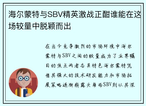 海尔蒙特与SBV精英激战正酣谁能在这场较量中脱颖而出