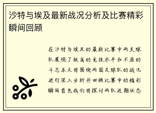 沙特与埃及最新战况分析及比赛精彩瞬间回顾