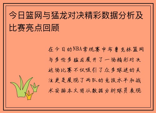今日篮网与猛龙对决精彩数据分析及比赛亮点回顾