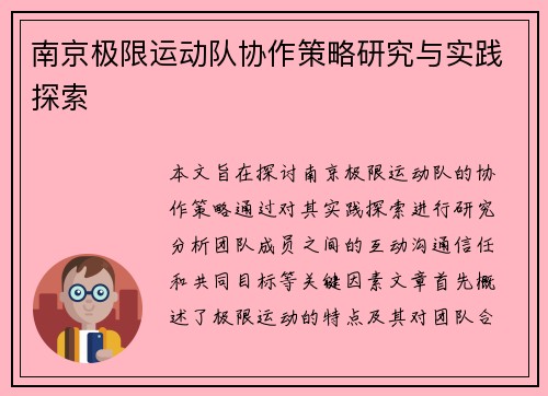 南京极限运动队协作策略研究与实践探索