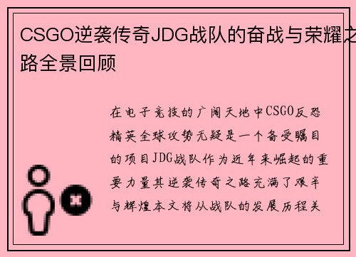 CSGO逆袭传奇JDG战队的奋战与荣耀之路全景回顾
