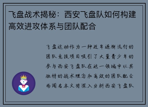 飞盘战术揭秘：西安飞盘队如何构建高效进攻体系与团队配合