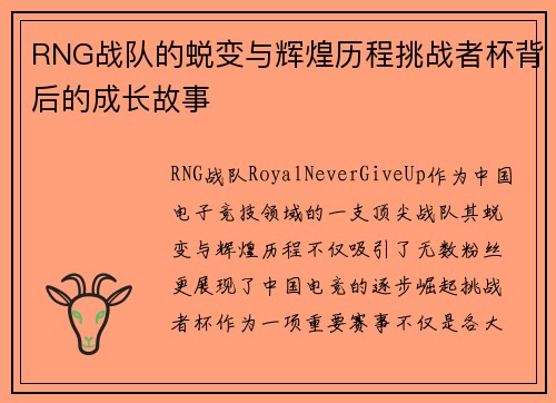 RNG战队的蜕变与辉煌历程挑战者杯背后的成长故事